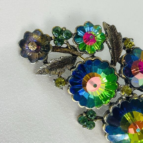 Vintage MCM Weiss Watermelon Rivoli Aurora Borealis Crystal Floral Brooch Pin - Picture 4 of 16